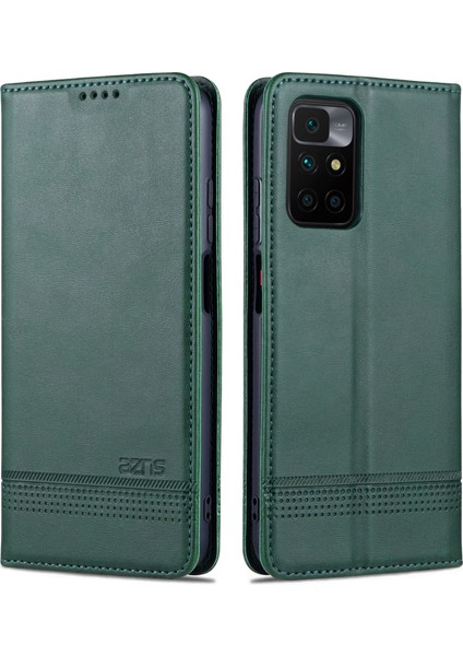 Dayanıklı Cüzdan Tasarım Pu Deri Deri Şok Geçirmez Telefon Kapak Kılıfı Xiaomi Redmi 10 4g (2021)/REDMI 10 2022 4g/redmi Not 11 4g (Mediatek)/redmi 10 Prime-Green (Yurt Dışından)
