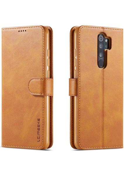 Cowhide Doku Deri Deri Cüzdan Stand Telefon Kılıfı Xiaomi Redmi 9 Işıklı Kahverengi (Yurt Dışından)