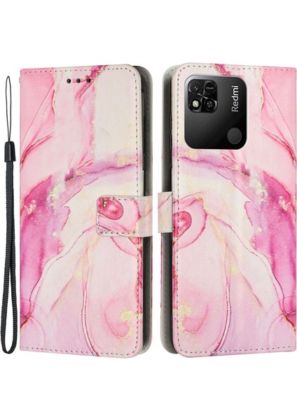 Xiaomi Için Redmi 10A/POCO C31/REDMI 9c/9c Nfc Mermer Desen Baskı Deri Cüzdan Kapak Standı Özellik Manyetik Flip Koruyucu Kılıf Strap-Rose Altın (Yurt Dışından)