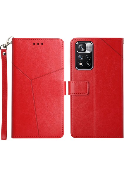 Şık Baskılı Y Şeklindeki Çizgiler Manyetik Pu Deri Stand Flip Cüzdan Telefon Kapağı Xiaomi Redmi Için Kayış ile Not 11+ 5g/redmi Not 11 Pro 5g (Çin) (Mediatek) -Red (Yurt Dışından)