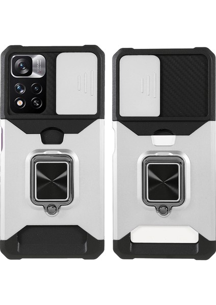 Kamera Kaydırıcı Anti-Fall Koruma Pc+ Tpu Telefon Kılıf Kartı Yuvası ve Kickstand Tasarım Telefon Kapağı Xiaomi Redmi Note 11 Pro 5g (Çin) (Mediatek)/note 11 Pro+ 5g-Silver (Yurt Dışından)