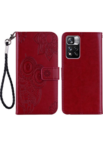 Rhinestone Dekor Baykuş Çiçeği Baskı Pu Deri+ Tpu Telefon Kasası Kapak Xiaomi Için Stant Cüzdanı Not 11 Pro 5g (Çin) (Mediatek)/11 Pro+ 5g-Kırmızı (Yurt Dışından)