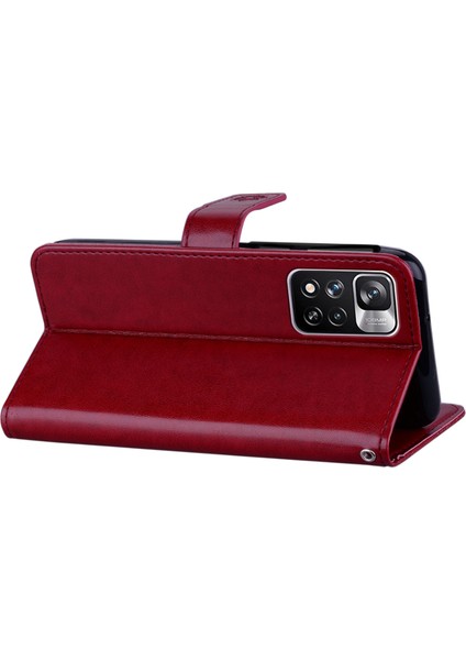 Rhinestone Dekor Baykuş Çiçeği Baskı Pu Deri+ Tpu Telefon Kasası Kapak Xiaomi Için Stant Cüzdanı Not 11 Pro 5g (Çin) (Mediatek)/11 Pro+ 5g-Kırmızı (Yurt Dışından) modelleri