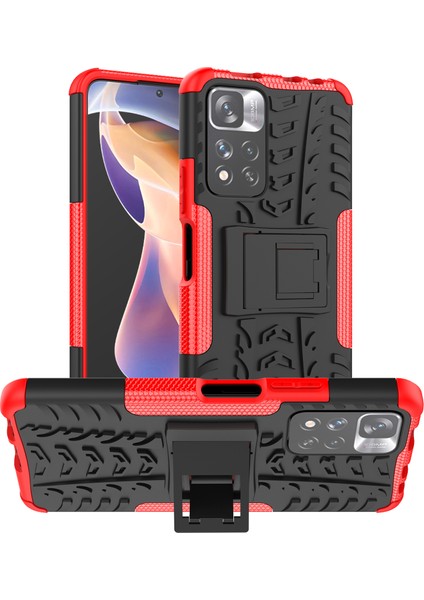 Lastik Doku Şok Dayanıklı Pc+ Tpu Combo Çift Katman Koruyucu Arka Kapak Kickstand ile Xiaomi Redmi Note 11 Pro+ 5g/redmi Note 11 Pro 5g (Çin) (Mediatek) -Red (Yurt Dışından)