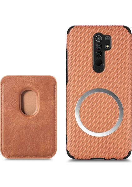 Xiaomi Redmi Için Şok Geçirmez Telefon Kılıfı 9 Kazanmaya Dayanıklı Telefon Koruyucu Karbon Fiber Doku Kapak Kabuğu Çıkarılabilir Manyetik Kart Tutucu-Brown (Yurt Dışından)