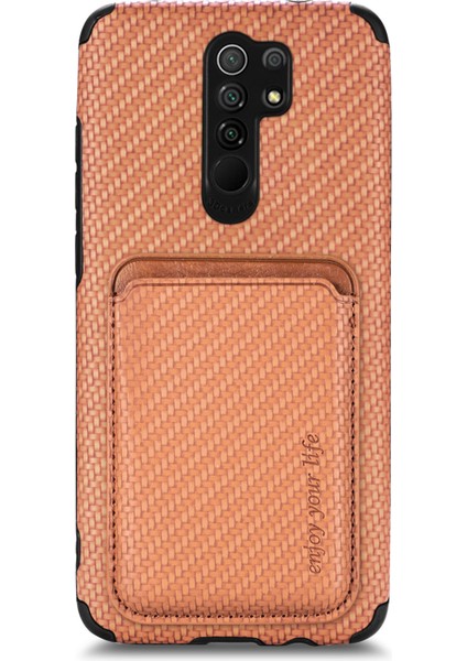 Xiaomi Redmi Için Şok Geçirmez Telefon Kılıfı 9 Kazanmaya Dayanıklı Telefon Koruyucu Karbon Fiber Doku Kapak Kabuğu Çıkarılabilir Manyetik Kart Tutucu-Brown (Yurt Dışından) fiyatları