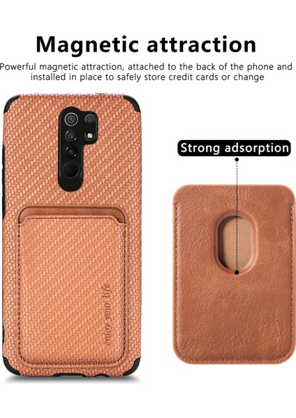 Xiaomi Redmi Için Şok Geçirmez Telefon Kılıfı 9 Kazanmaya Dayanıklı Telefon Koruyucu Karbon Fiber Doku Kapak Kabuğu Çıkarılabilir Manyetik Kart Tutucu-Brown (Yurt Dışından) modelleri