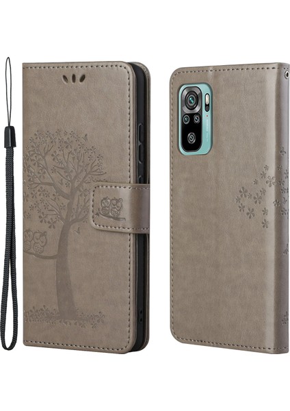 Cüzdan Tasarım Ağacı Baykuş Baskı, Xiaomi Redmi Için Stand ile Şok Geçirmez Anti Deri Telefon Kapağı 10 4g (2021)/10 Prime/10 2022 4g/not 11 4g (Mediatek) -Grey (Yurt Dışından)
