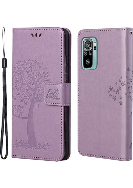 Cüzdan Tasarım Ağacı Baykuş Baskı Şok Geçirmez Anti-Güz Deri Telefon Örtüsü Xiaomi Redmi 10 4g (2021)/10 2022 4g/not 11 4g (Mediatek) -Light Mor (Yurt Dışından)