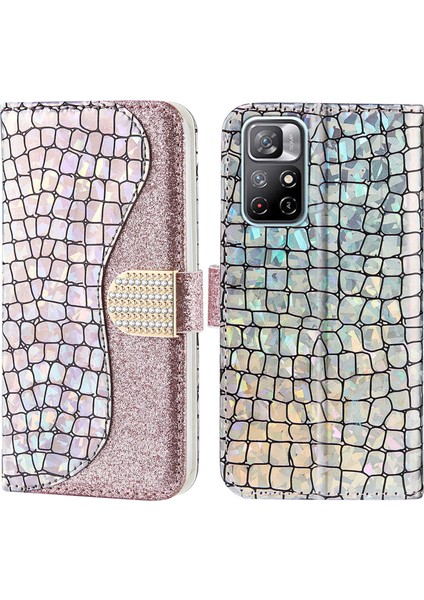 Timsah Doku Işıltılı Toz Şok Geçirmez Tpu+Pu Deri Deri Stand Cüzdan Kılıfı Xiaomi Redmi Not 11 5g (Çin) (Mediatek)/redmi Not 11T 5g/redmi Not 11S 5g-Rose Gold (Yurt Dışından)