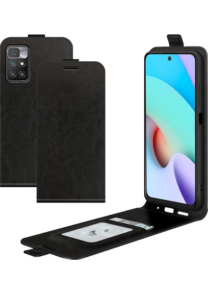 Xiaomi Redmi Için Tek Kart Tutucu ile Dikey Flip Screas Dayanıklı Çılgın At Deri Kılıfı 10 Black (Yurt Dışından)