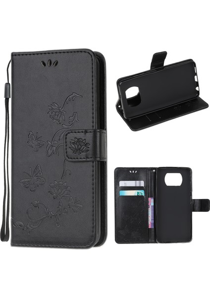 Xiaomi Poco X3/poco X3 Nfc-Black Için Şık Çift Baskı Çiçek ve Kelebek Cüzdan Deri Telefon Koruyucusu (Yurt Dışından)
