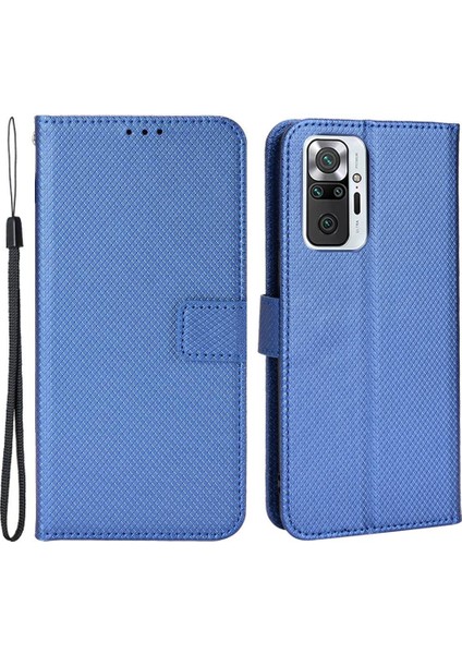 Xiaomi Redmi Için Note 10 Pro 4g (Hindistan)/(Global) Tam Koruma Pu Deri Elmas Doku Cüzdan Stand Telefon Kılıf Mavisi (Yurt Dışından)