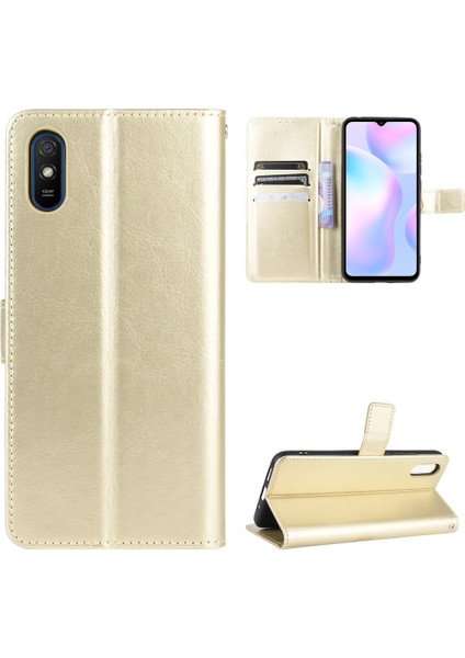 Xiaomi Redmi 9A-GOLD Için Çılgın At Cüzdan Stand Deri Telefon Kabuğu (Yurt Dışından)