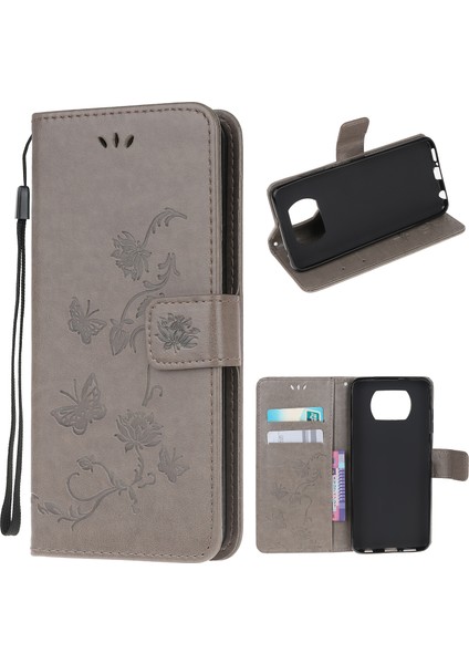 Xiaomi Poco X3/poco X3 Nfc-Grey Için Şık Iki Çiçek Çiçek ve Kelebek Cüzdan Deri Telefon Koruyucusu (Yurt Dışından)