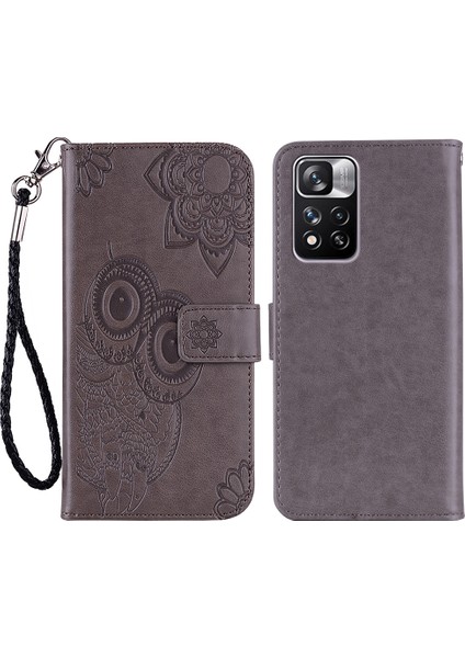 Rhinestone Dekor Baykuş Çiçeği Baskı Pu Deri+ Tpu Telefon Kılıfı Kapak Xiaomi Redmi Için Stand Cüzdanı Not 11 Pro 5g (Çin) (Mediatek)/11 Pro+ 5g-Grey (Yurt Dışından)