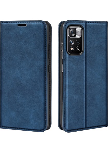 Cilt Deri Deri Cüzdan Telefon Kılıfı Manyetik Emilim Stand Folyo Koruyucu Kapak Xiaomi Redmi Note 11 Pro+ 5g/redmi Note 11 Pro 5g (Çin) (Mediatek) -Blue (Yurt Dışından)