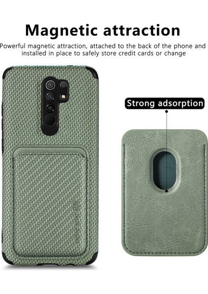 Xiaomi Redmi Için Şok Geçirmez Telefon Kılıfı 9 Kırmızı Dayanıklı Telefon Koruyucu Karbon Fiber Doku Kapak Kabuğu Çıkarılabilir Manyetik Kart Tutucu Yeşili (Yurt Dışından) modelleri