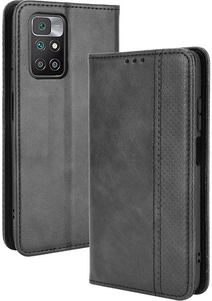 Vintage Style Manyetik Otomatik Absorlanmış Deri Telefon Cüzdan Stand Kılıfı Xiaomi Redmi 10 4g (2021)/10 Prime/10 2022 4g/not 11 4g (Mediatek) -Black (Yurt Dışından)
