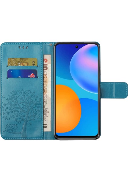 Cüzdan Tasarım Ağacı Baykuş Baskısı Şok Geçirmez Anti-Güz Deri Telefon Kapağı Stand ile Xiaomi Redmi 10 4g (2021)/10 Prime/10 2022 4g/not 11 4g (Mediatek) -Blue (Yurt Dışından)