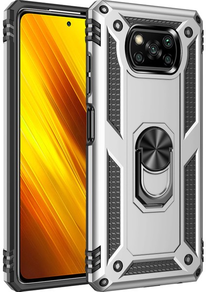 Pc+Tpu Hibrid Anti-Fall Anti Anti Anti Tele Koruyucu Kapak, Xiaomi Poco X3 Nfc-Sılver Için Ring Kickstand ile (Yurt Dışından)