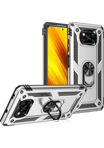 Pc+Tpu Hibrid Anti-Fall Anti Anti Anti Tele Koruyucu Kapak, Xiaomi Poco X3 Nfc-Sılver Için Ring Kickstand ile (Yurt Dışından)