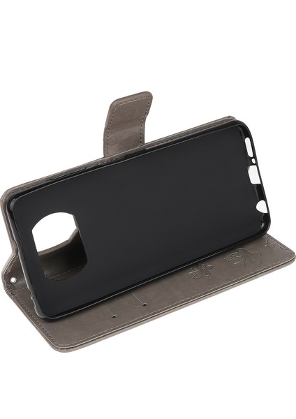 Xiaomi Poco X3/poco X3 Nfc-Grey Için Şık Iki Çiçek Çiçek ve Kelebek Cüzdan Deri Telefon Koruyucusu (Yurt Dışından)