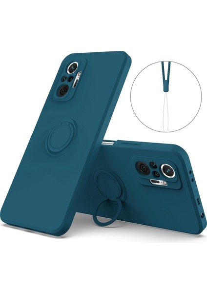 Esnek Sıvı Silikon Telefon Koruyucu Kılıf Kabuğu, Xiaomi Redmi Için Yüzük Kickstand ve Kayış ile Note 10 Pro 4g-Dark Mavi (Yurt Dışından)