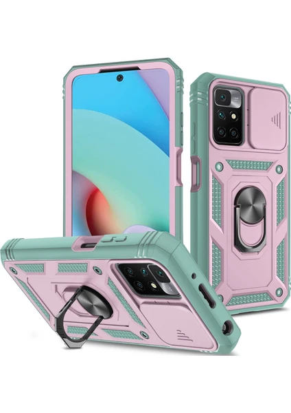 4U Sky Xiaomi Için Redmi 10 4g (2021)/REDMI 10 2022 4g/redmi Not 11 4g (Mediatek) Kamera Lens Koruyucu Kasa Pc+Tpu Kickstand Kapak Kart Yuvası-Pembe/yeşil (Yurt Dışından)