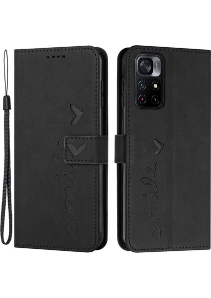Xiaomi Redmi Için Not 11 5g (Mediatek)/not 11T 5g/not 11S 5g/poco M4 Pro 5g Cüzdan Flip Kapak Kalp Şekli Baskılı Cilt Touch Hissed Pu Deri Stand Kapağı Strap-Black (Yurt Dışından)