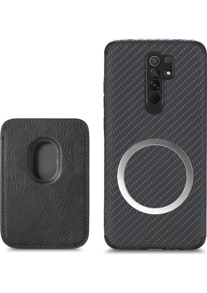 Xiaomi Redmi Için Şok Geçirmez Telefon Kılıfı 9 Kırmızı Dayanıklı Telefon Koruyucu Karbon Fiber Doku Kapak Kabuğu Çıkarılabilir Manyetik Kart Tutucu Black (Yurt Dışından)