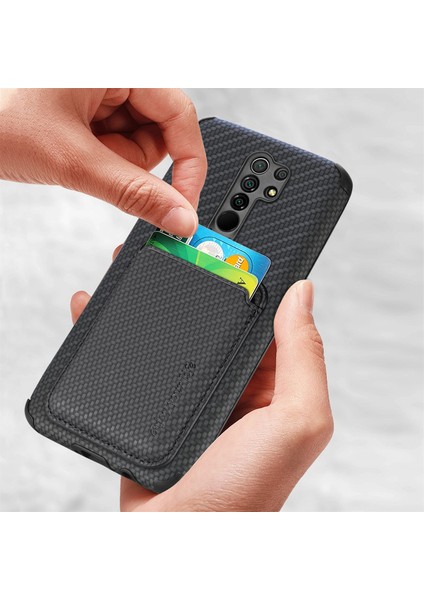 Xiaomi Redmi Için Şok Geçirmez Telefon Kılıfı 9 Kırmızı Dayanıklı Telefon Koruyucu Karbon Fiber Doku Kapak Kabuğu Çıkarılabilir Manyetik Kart Tutucu Black (Yurt Dışından) fırsatları