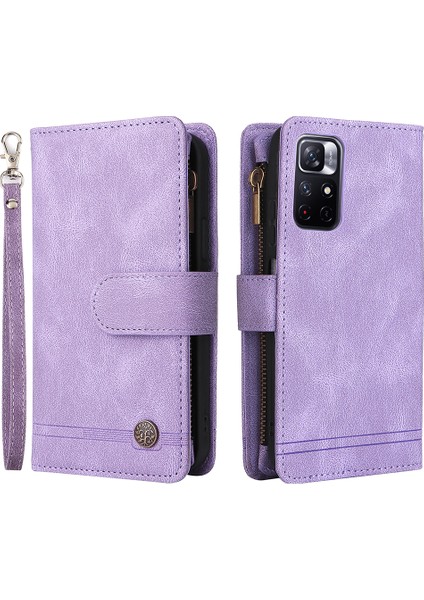 Cilt Dokunuşu Pu Deri Kart Yuvaları Fermuarı Cüzdan Kılıf Flip Stand Çizgileri Xiaomi Redmi Için Kayış ile Baskılı Kapak Not 11 5g (Çin) (Mediatek)/redmi Not 11T 5g/not 11S 5g-Sergi (Yurt Dışından)