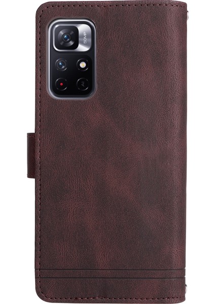 Cilt Dokunuşu Pu Deri Kart Yuvaları Fermuar Cüzdan Kılıf Flip Stand Çizgileri Xiaomi Redmi Için Kayış ile Baskılı Kapak Not 11 5g (Çin) (Mediatek)/redmi Not 11T 5g/not 11S 5g-Brown (Yurt Dışından) modelleri