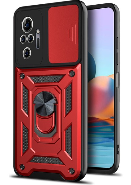 Şok Geçirmez Kamera Slayt Telefon Hibrit Kasa Kapağı Xiaomi Için Kickstand Ring Tutucu ile Not 10 Pro 4g (Global)/not 10 Pro 4g (Hindistan)-Red (Yurt Dışından)