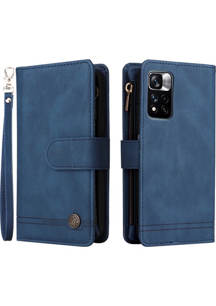 Cilt Deri Deri Fermuar Cep Kart Tutucu Yuvaları Folio Flip Shell Stripes Baskılı Stand Şok Geçirmez Koruyucu Telefon Kılıfı Xiaomi Redmi Için Kayış ile Not 11 Pro /not 11 Pro+ -Blue (Yurt Dışından)