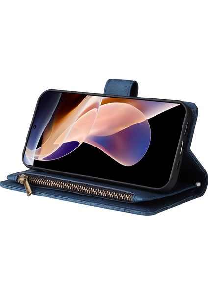 Cilt Deri Deri Fermuar Cep Kart Tutucu Yuvaları Folio Flip Shell Stripes Baskılı Stand Şok Geçirmez Koruyucu Telefon Kılıfı Xiaomi Redmi Için Kayış ile Not 11 Pro /not 11 Pro+ -Blue (Yurt Dışından) fırsatları