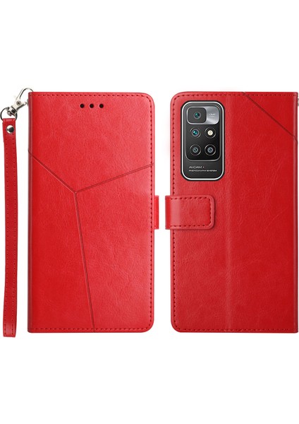 Y Şeklindeki Hatlar Damla Dirençli Pu Deri+Yumuşak Tpu Iç Kabuk Cüzdanı Standı Xiaomi Redmi Için Telefon Kapağı Not 11 4g (Mediatek)/10 4g (2021)/10 2022 4g/10 Prime-Red (Yurt Dışından)