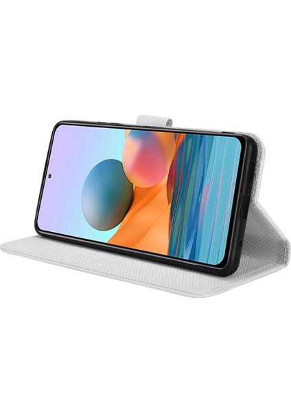 Xiaomi Redmi Için Note 10 Pro 4g (Hindistan)/(Global) Tam Koruma Pu Deri Elmas Doku Cüzdan Stand Telefon Kılıfı-Beyaz (Yurt Dışından)