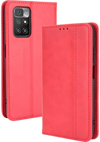 Vintage Style Manyetik Otomatik Absorbed Deri Telefon Cüzdan Stand Kılıfı Xiaomi Redmi 10 4g (2021)/10 Prime/10 2022 4g/not 11 4g (Mediatek) -Red (Yurt Dışından)
