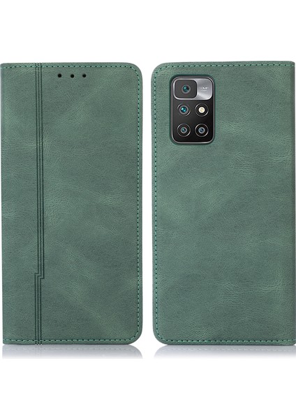 Pu Deri Deri Dokunma Hissi Çizgileri Baskılı Otomatik Emici Telefon Kasası Cüzdanlı Xiaomi Redmi Not 11 5g (Çin) (Mediatek)/redmi Not 11T 5g/not 11S 5g-Green (Yurt Dışından)