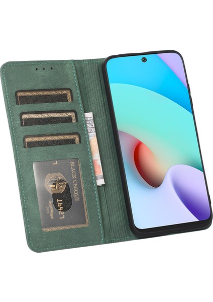 Pu Deri Deri Dokunma Hissi Çizgileri Baskılı Otomatik Emici Telefon Kasası Cüzdanlı Xiaomi Redmi Not 11 5g (Çin) (Mediatek)/redmi Not 11T 5g/not 11S 5g-Green (Yurt Dışından)
