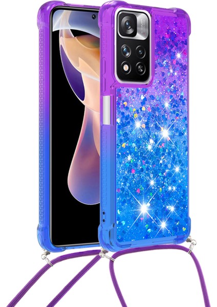Le3-1 Serisi Gradyan Renk Demirleri Quicksand Tpu Kapak Xiaomi Için Uzun Kordon ile Iyi Korumalı Telefon Kasası Not 11 Pro+ 5g/redmi Note 11 Pro 5g (Çin) (Mediatek) -Purple Mavi (Yurt Dışından)