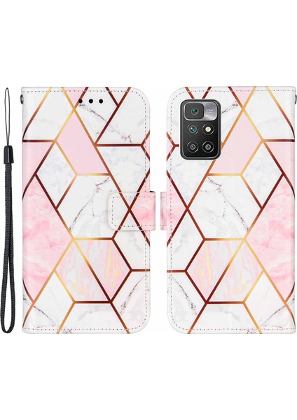 Mermer Desen Ekleme Deri Kasa Cüzdan Standı Xiaomi Için Redmi Için Telefon Kapak Kabuğu Not 11 4g (Mediatek)/10 4g (2021)/10 2022 4g/10 Prime-Pink/beyaz (Yurt Dışından)