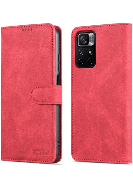 Manyetik Kapatma Pu Deri Deri Flip Cüzdan Kılıfı Stand Şok Geçirmez Tpu Iç Kabuk Telefonu Xiaomi Için Poco M4 Pro 5g/redmi Not 11 5g (Çin) (Mediatek) -Red (Yurt Dışından)