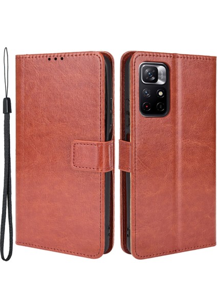Çılgın At Doku Anti-Fall Pu Deri Cüzdan Xiaomi Için Kayış ile Düz Renk Kapağı Kılıfı Not 11 5g (Çin) (Mediatek)/not 11T 5g/not 11S 5g-Brown (Yurt Dışından)