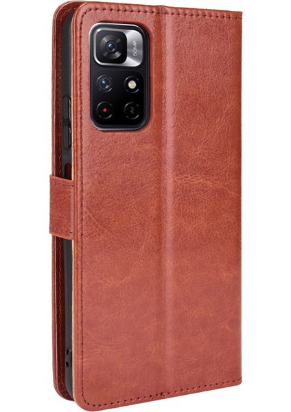 Çılgın At Doku Anti-Fall Pu Deri Cüzdan Xiaomi Için Kayış ile Düz Renk Kapağı Kılıfı Not 11 5g (Çin) (Mediatek)/not 11T 5g/not 11S 5g-Brown (Yurt Dışından) modelleri