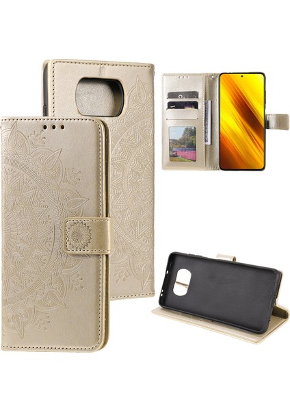 Baskılı Mandala Çiçek Cüzdan Deri Kılıf Xiaomi Poco X3 Nfc/poco X3/x3 Pro-Gold (Yurt Dışından)