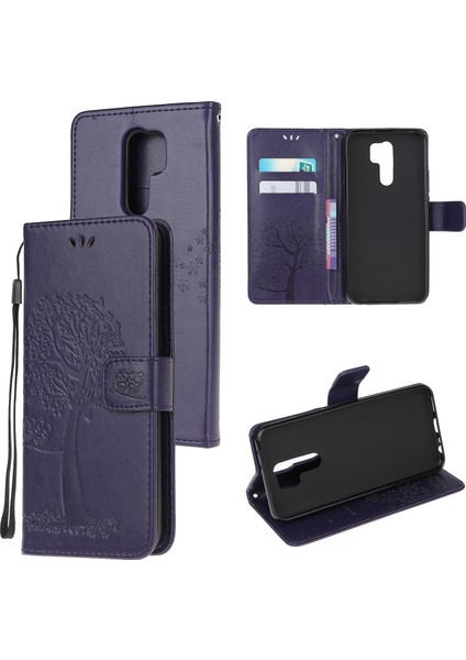 Xiaomi Redmi 9-Dark Mor Için Baskı Ağacı Baykuş Cüzdan Deri Kılıf (Yurt Dışından)