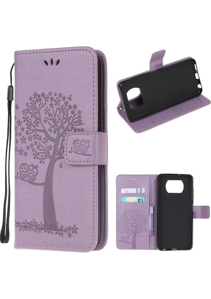 Xiaomi Poco X3/poco X3 Nfc-Purple Için Şık Baskı Ağacı ve Baykuş Cüzdan Deri Telefon Koruyucusu (Yurt Dışından)